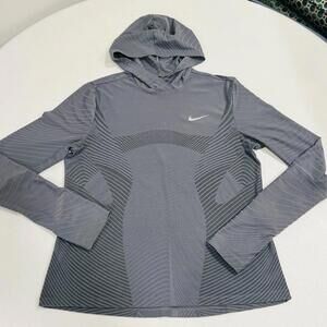 Nike Dri Fit Textured Smoke Grey Running Shirt Hooded CU3381 084 Large Women's.